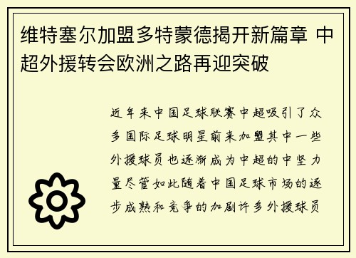 维特塞尔加盟多特蒙德揭开新篇章 中超外援转会欧洲之路再迎突破 维特塞尔加盟多特蒙德揭开新篇章 中超外援转会欧洲之路再迎突破
